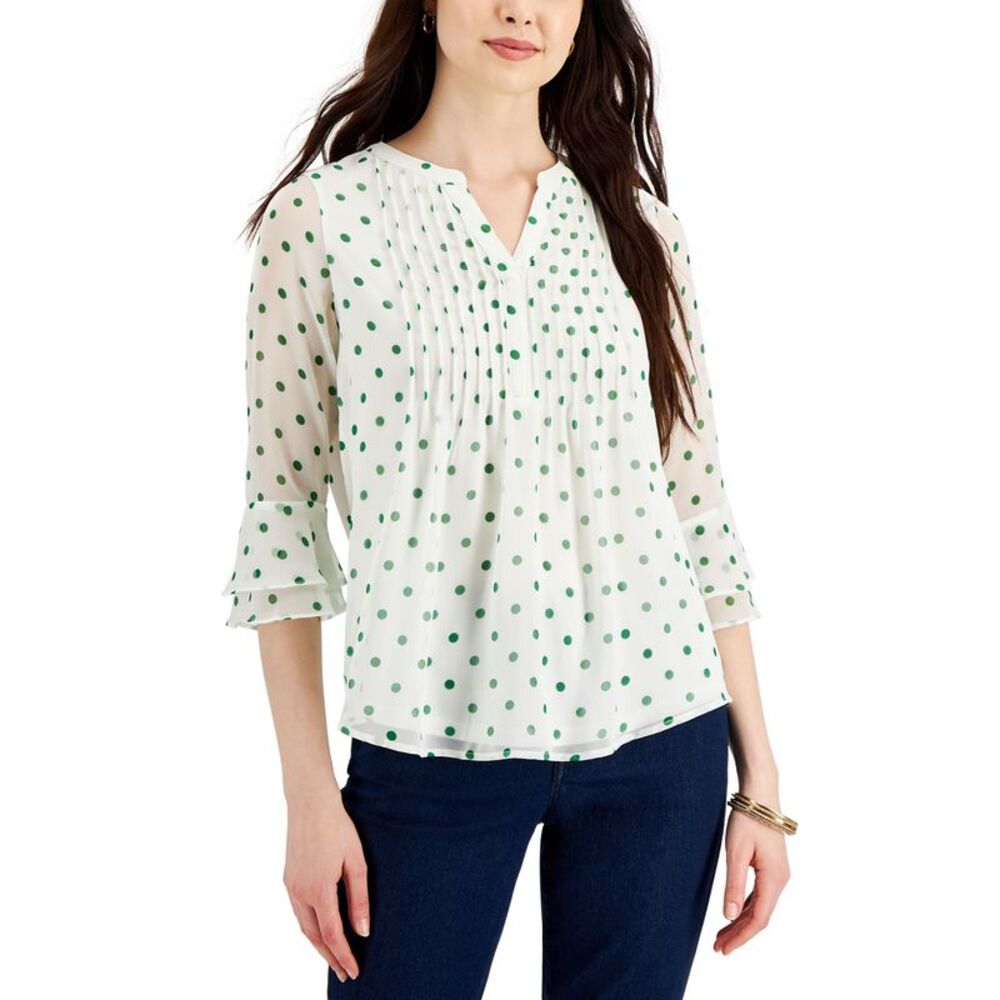 Charter Club Petite Knit Dot Print Pintucked Top